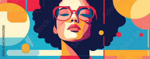 Colorful abstract portrait of young woman with glasses in geometric pop art style.
