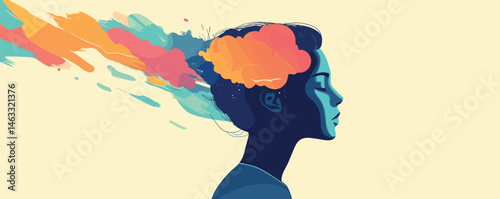 Silhouette of woman with colorful artistic brush strokes flowing from head.