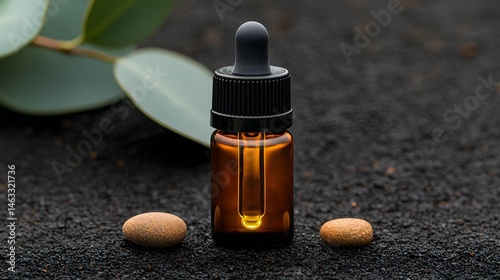 Amber Glass Dropper Bottle with Eucalyptus and Pills on Dark Surface photo