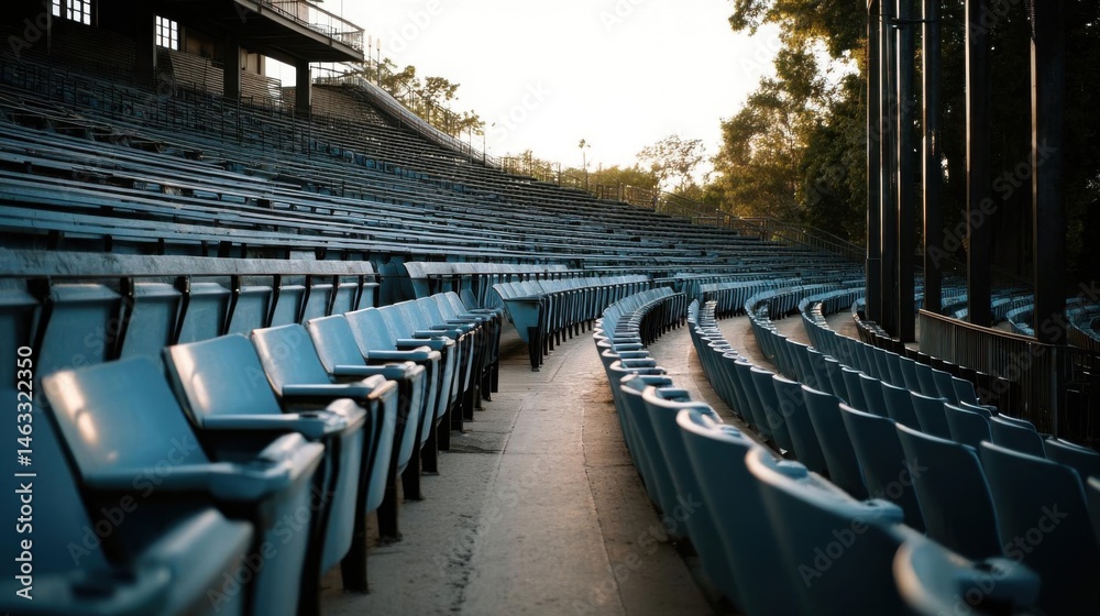 Obraz premium Empty blue seats in outdoor theatre, ready for the audience.