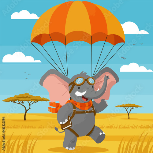 Cartoon Elephant Parachuting Safely Into African Landscape Scene