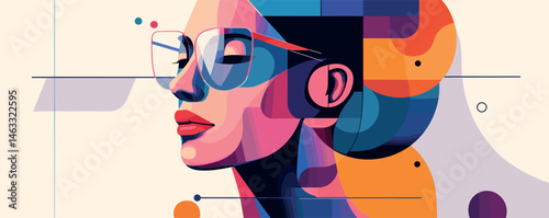 Modern abstract art portrait of woman wearing glasses in vibrant geometric colors.