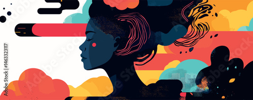 Vibrant abstract portrait of a young woman with flowing hair in a colorful dreamlike setting.