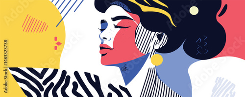 Abstract pop art portrait of woman with headscarf in bold colors and graphic patterns.