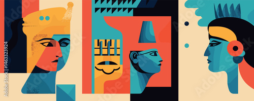 Abstract egyptian art scene with stylized female figures in vibrant geometric design.