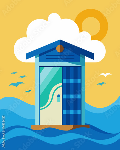 At the beach a solarpowered public restroom with a design inspired by ocean waves and equipped with environmentally friendly LED lights and natural ventilation.. Vector illustration