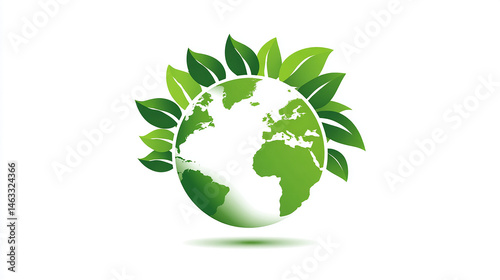 Green earth icon with leaf, white background, logo design template. Vector illustration, isolated on white background. Concept of eco-friendly environment and global environmental protection, air ener