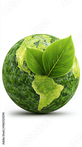 Green earth icon with leaf, white background, logo design template. Vector illustration, isolated on white background. Concept of eco-friendly environment and global environmental protection, air ener