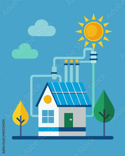An intelligent cooling system that uses solar energy to regulate and adjust temperature settings according to natural daylight patterns maximizing energy efficiency.. Vector illustration
