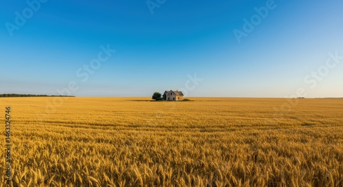 Golden wheat field stretching to horizon with distant farmhouse. Rural agricultural landscape. Vast cereal crop ready for harvest. Summer farming scene with clear blue sky.