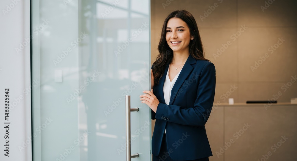 Smiling woman in business suit stands near glass wall in office setting. Smiling woman in business suit stands near glass wall in office setting.
