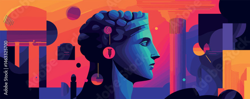Abstract roman bust against vibrant geometric background of oranges and purples.