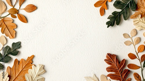 Organic watercolor texture of overlapping leaves in fall tones, background softened with open white zones, elegant layout for text insertion, rough paper evident photo