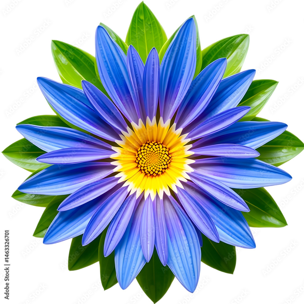 Obraz premium Symmetrical blue and lavender flower with green leaves.