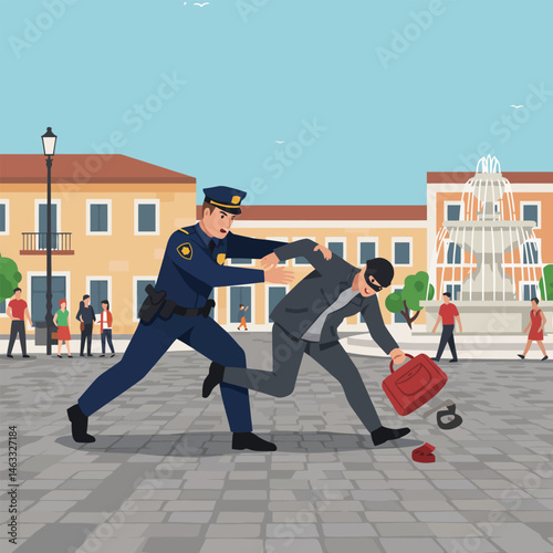 Police Officer Chasing Running Thief with Stolen Bag in City Square