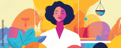 Meditative woman in colorful abstract art setting with scales of justice in background.