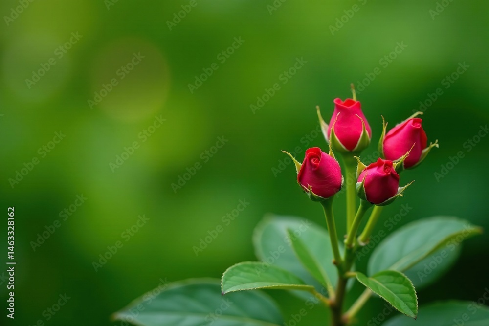 A small bunch of unopened red rosebuds, lush green foliage , plant, roses, texture A small bunch of unopened red rosebuds, lush green foliage , plant, roses, texture