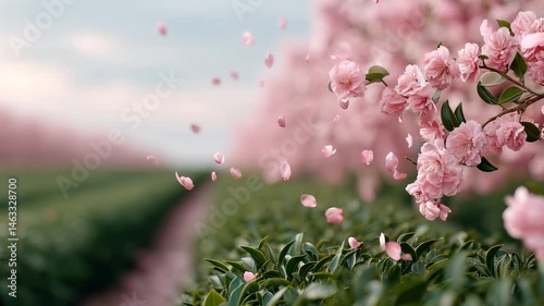 Sakura Blossom: A serene image of delicate sakura blossoms gracefully falling from their branches, painting the air with their subtle pink hues and signifying new beginnings.