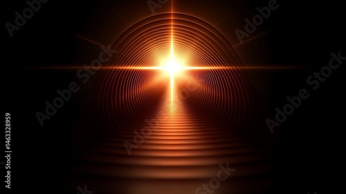 Radiant orange light bursts from circular formations, a digital design