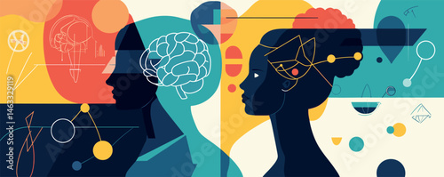 Abstract art of male and female profiles with geometric shapes and brain illustrations.