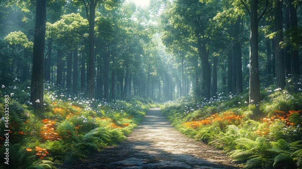 Fototapeta premium Sunlit path through a dense forest, vibrant with wildflowers and ferns