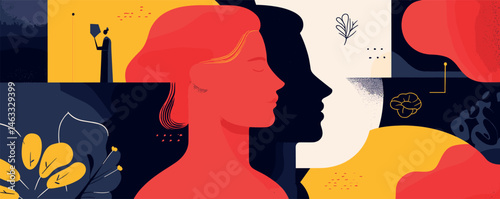 Abstract art of dual faces in vibrant colors with nature elements and geometric shapes.