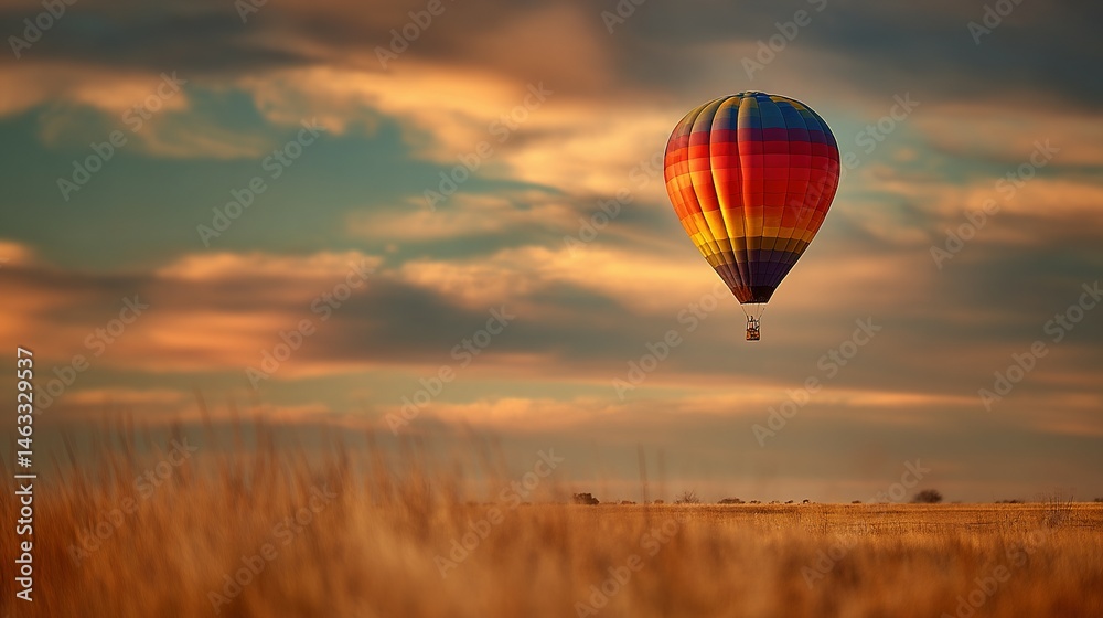 Obraz premium Colorful hot air balloon soaring above a golden field at sunset.