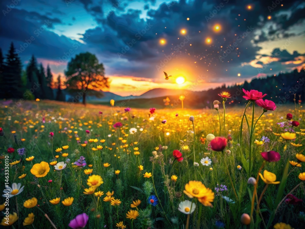 Obraz premium Spring Meadow Night Photography: Dark Bloom, Low Light, Firefly Meadow, Nighttime Landscape