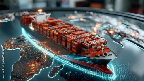 Global Shipping: A photorealistic cargo ship, laden with containers, navigates a stylized world map, signifying global trade and logistics. The image evokes the scope of international commerce.