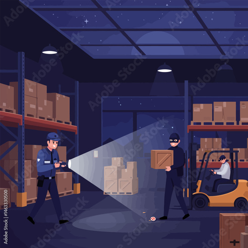 Security Guard Investigating Warehouse Theft with Thief Carrying Stolen Goods