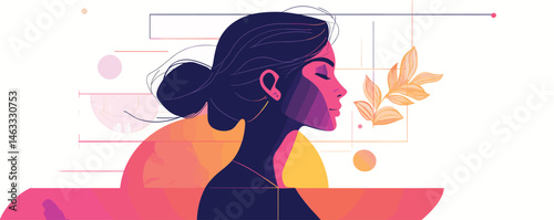 Abstract profile of a woman with botanical elements in bold colors and geometric shapes.