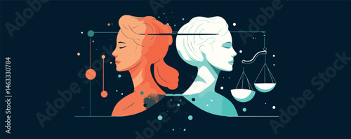 Conceptual illustration of balance and duality with two women and scales.