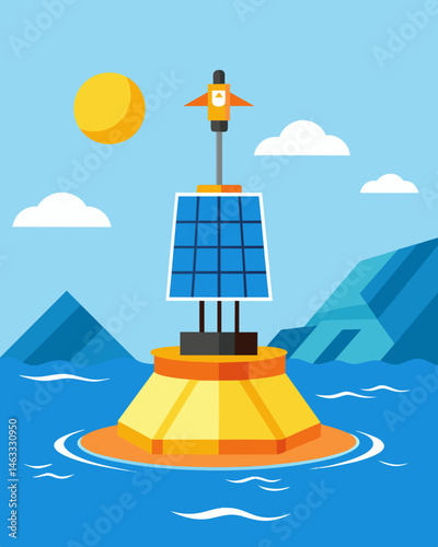 As the sun beats down on the sea a solarpowered buoy continues to diligently guide ships away from treacherous rocks its shining solar panels showcasing the power of renewable. Vector illustration