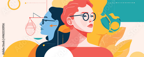 Abstract portrait of two diverse women in graphic style with vibrant geometric elements.