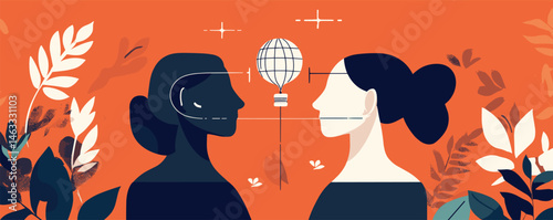 Two women facing each other with creative abstract elements on red background.