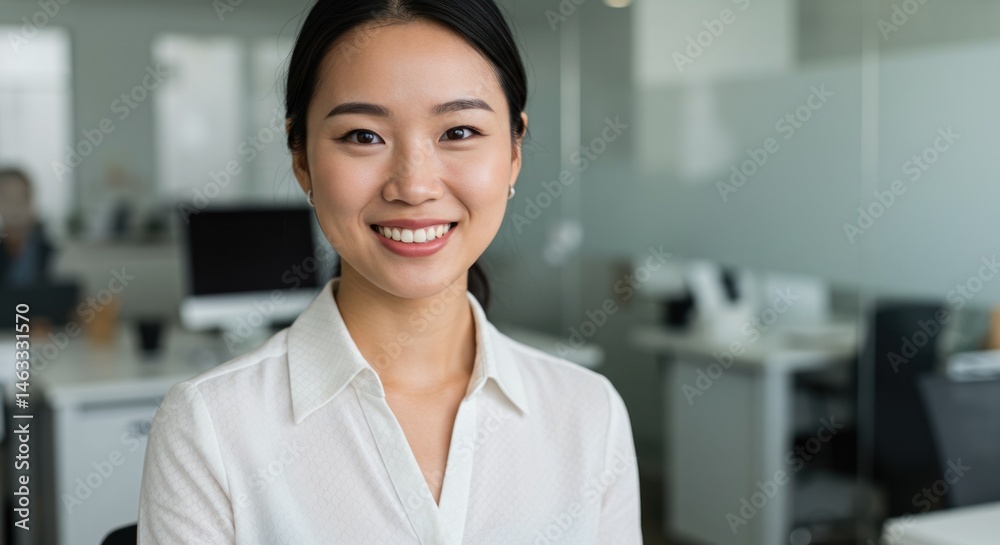 Smiling asian woman in white shirt in office setting looking at camera. Smiling asian woman in white shirt in office setting looking at camera.