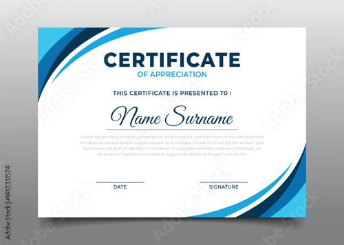 Business certificate template design with blue wavy design