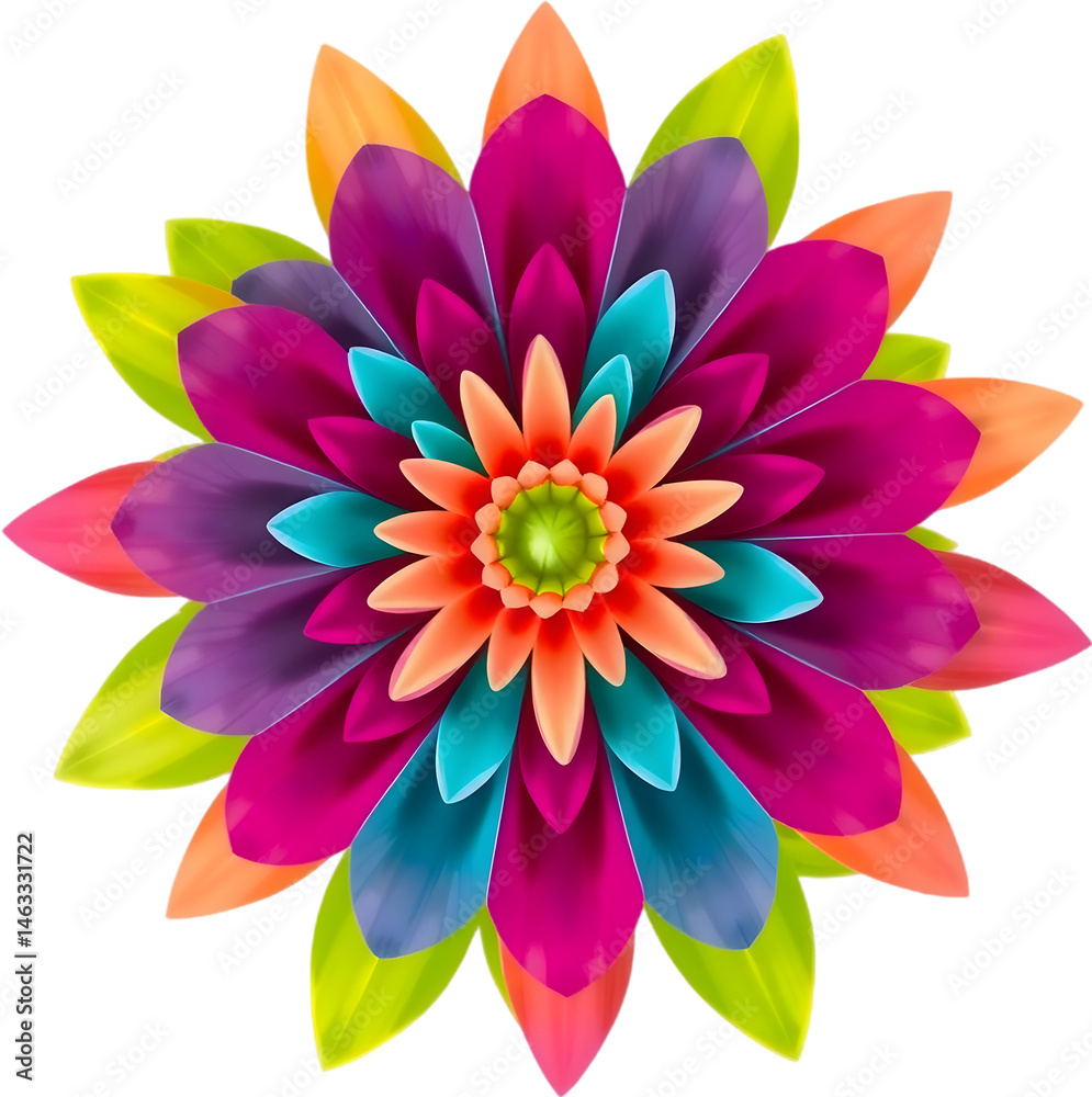 Fototapeta premium Radiant symmetrical flower design with vibrant petals and green leaves.