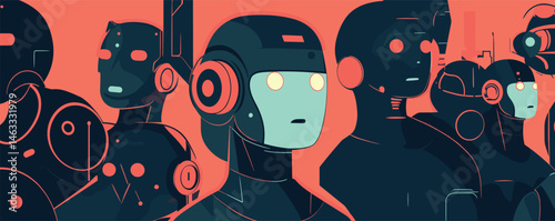 Futuristic robots in line showcasing technology and innovation.