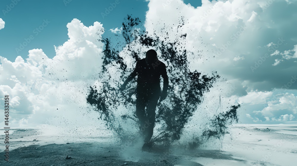 Fototapeta premium Abstract Depiction of a Silhouette Man Emerges on a Dreamlike landscape