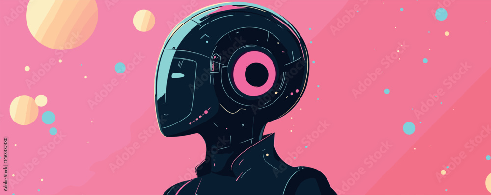 Fototapeta premium Futuristic robot with pink and blue elements in outer space scene.