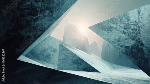 Abstract geometrical mountain structures bathed in atmospheric lighting design