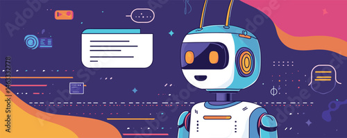 Cute robot with antennas communicating in futuristic digital environment.