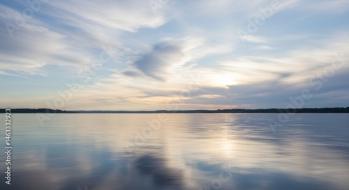 Peaceful Sunset over Calm Water with Colorful Sky Reflection
