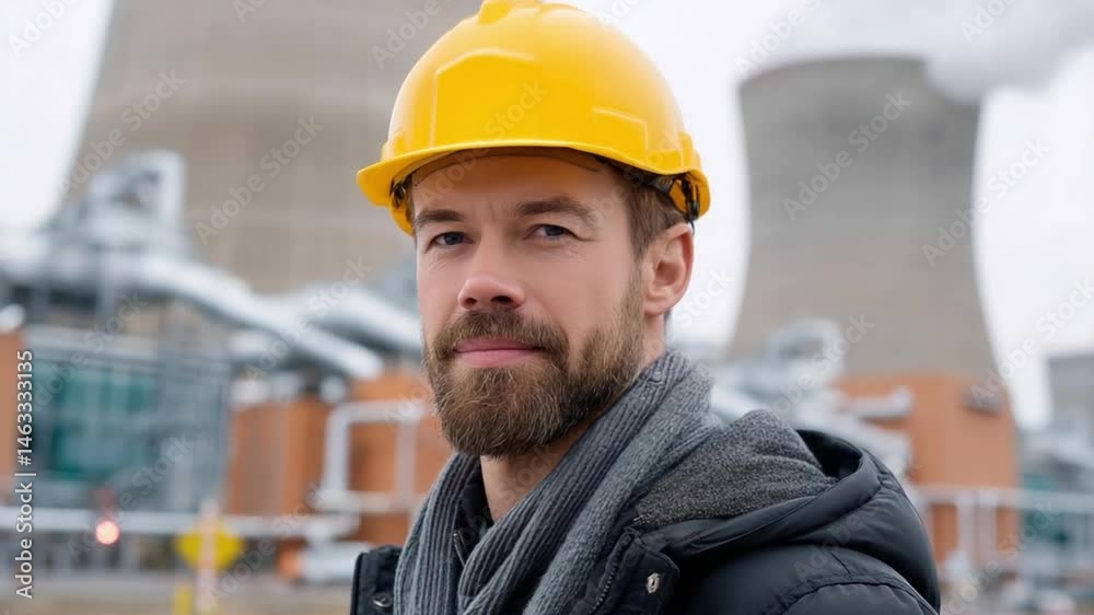 Industrial Engineer: A determined man wearing a yellow hardhat stands confidently before a large industrial complex, his focus unwavering in the face of the towering structures. Industrial Engineer: A determined man wearing a yellow hardhat stands confidently before a large industrial complex, his focus unwavering in the face of the towering structures.