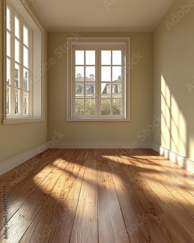 Empty room with sunlight streaming through large windows  pale yellow walls  and wooden floors