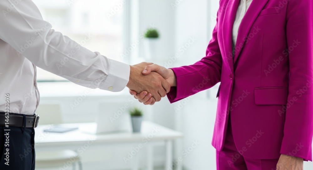 Fototapeta premium Two people shaking hands indoors in a bright office setting.
