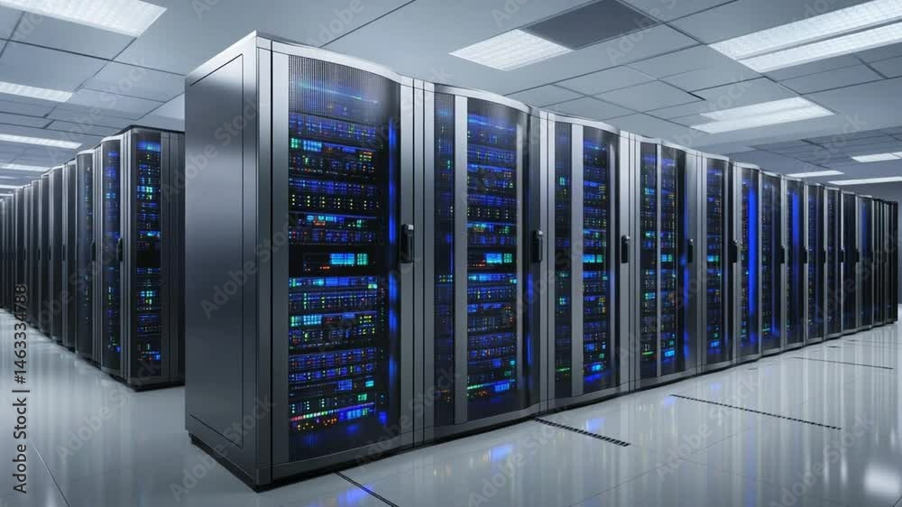Modern Server Room Interior with Rows of Rack Servers, Data Storage Centers Modern Server Room Interior with Rows of Rack Servers, Data Storage Centers