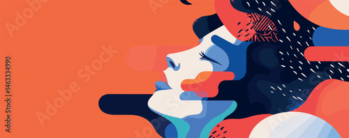 Colorful abstract portrait of a woman with geometric shapes and bold patterns.