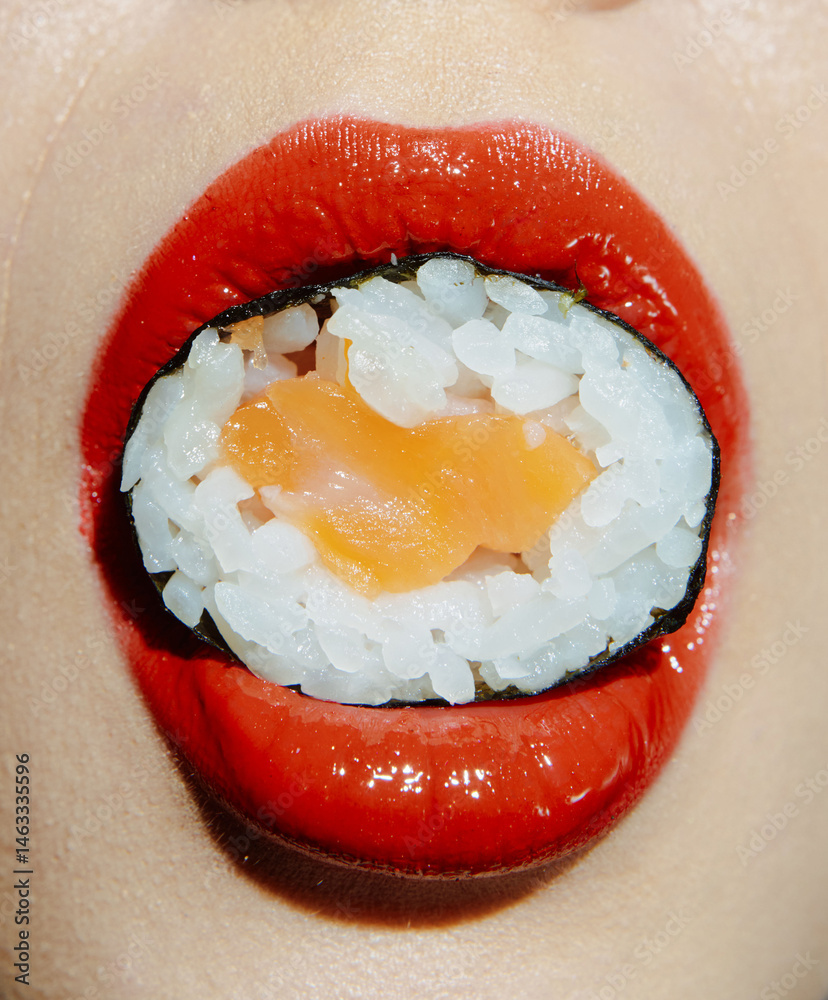 Close-up of vibrant sushi held by a model with red lips, showcasing delicious sushi and playful food art concept. Perfect for culinary and lifestyle themes.